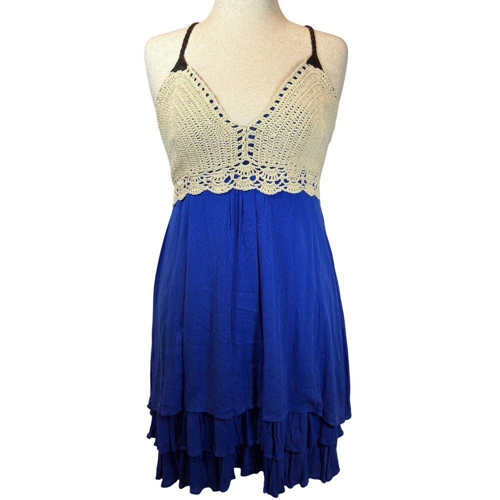 NWT Crochet Bustier Dress XL Blue Tiered Ruffle High Low Hem Boho CoastalCowgirl